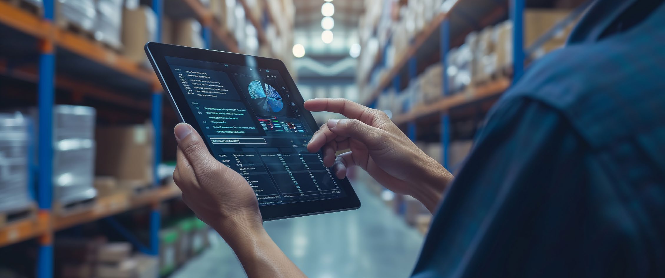 Hands using iPad to check inventory and statistics of warehouse inventory